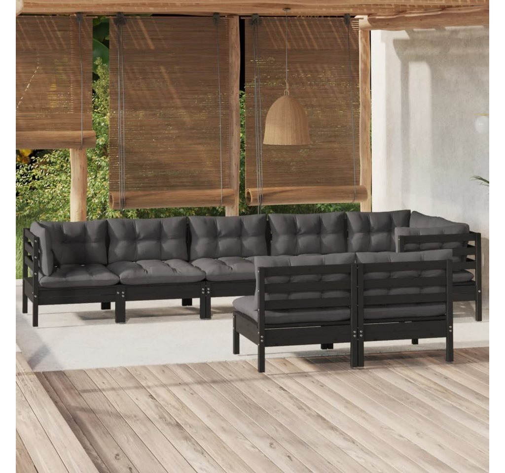 furnicato Garten-Essgruppe 8-tlg. Garten-Lounge-Set mit Kissen Schwarz Massivholz Kiefer von furnicato