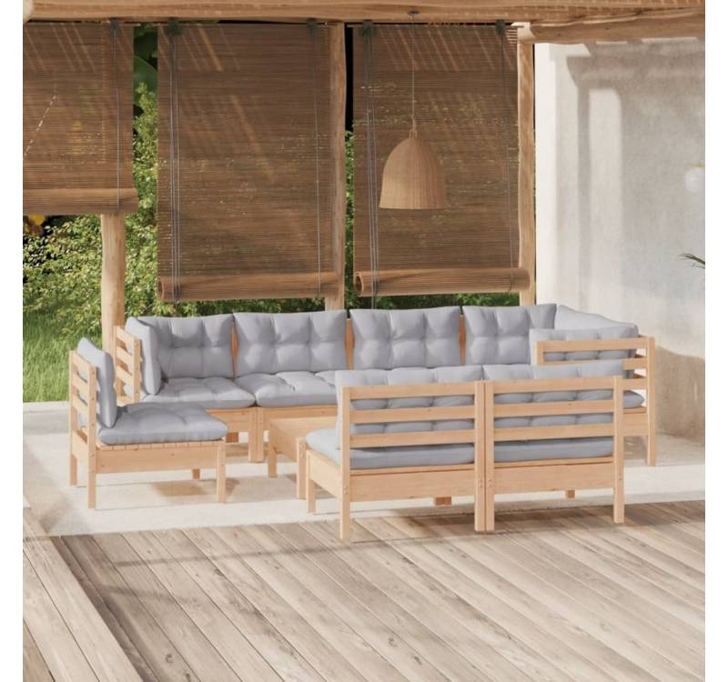 furnicato Garten-Essgruppe 9-tlg. Garten-Lounge-Set mit Grauen Kissen Kiefer Massivholz von furnicato
