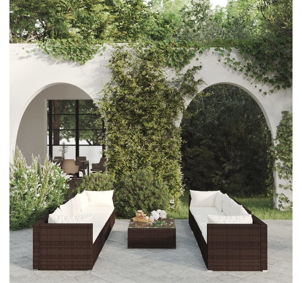 furnicato Garten-Essgruppe 9-tlg. Garten-Lounge-Set mit Kissen Poly Rattan Braun von furnicato