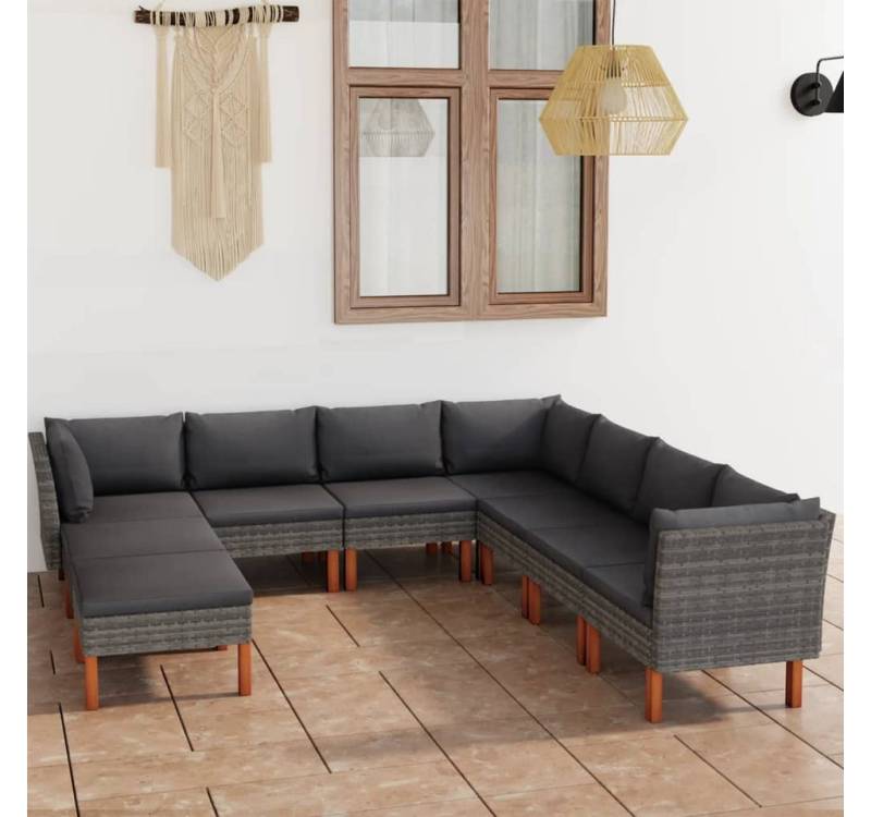 furnicato Garten-Essgruppe 9-tlg. Garten-Lounge-Set mit Kissen Poly Rattan Grau von furnicato