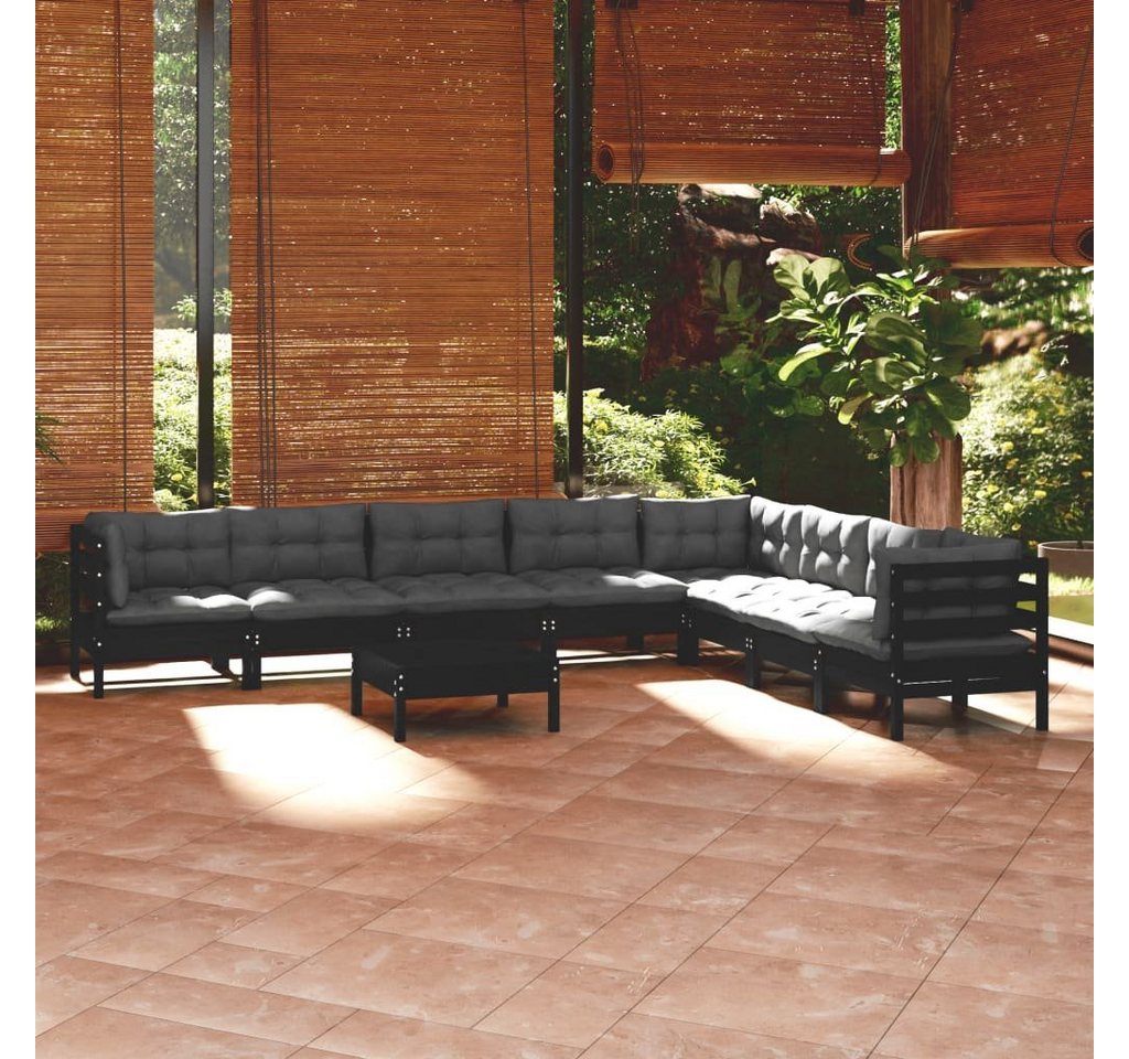 furnicato Garten-Essgruppe 9-tlg. Garten-Lounge-Set mit Kissen Schwarz Massivholz Kiefer von furnicato