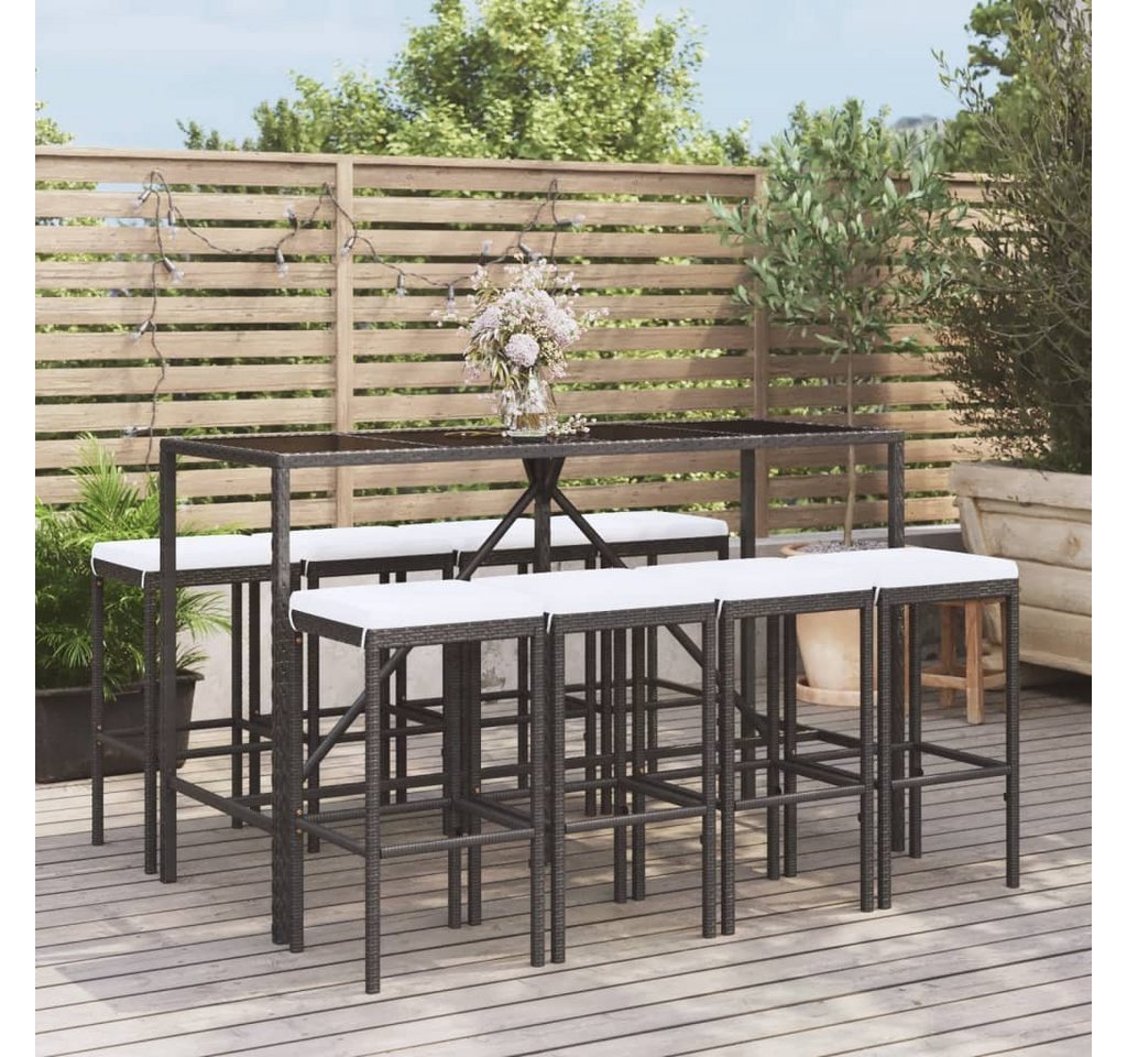 furnicato Garten-Essgruppe 9-tlg. Gartenbar-Set mit Kissen Schwarz Poly Rattan von furnicato