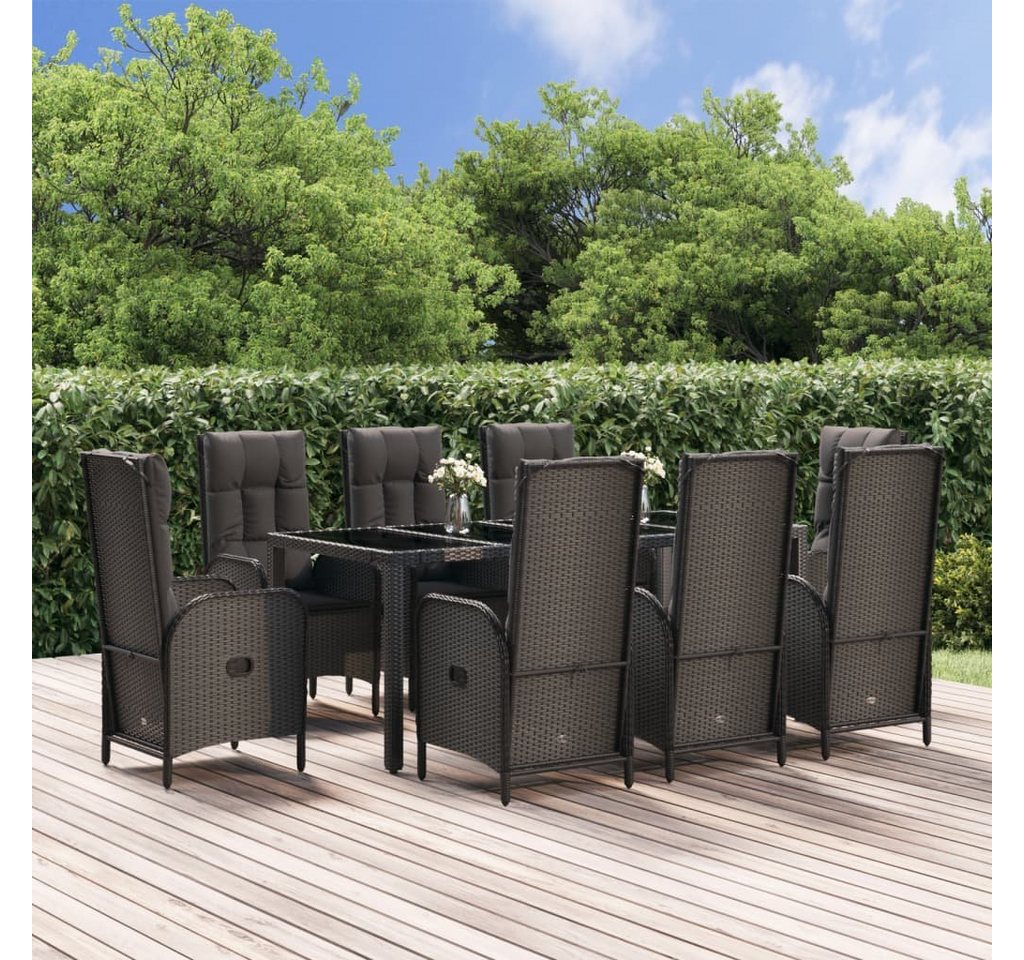 furnicato Garten-Essgruppe 9-tlg. mit Kissen Schwarz und Grau Poly Rattan von furnicato