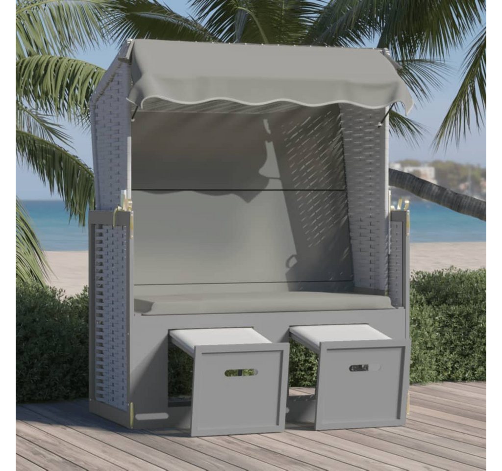 furnicato Gartenliege Strandkorb mit Dach Poly Rattan und Massivholz Grau von furnicato