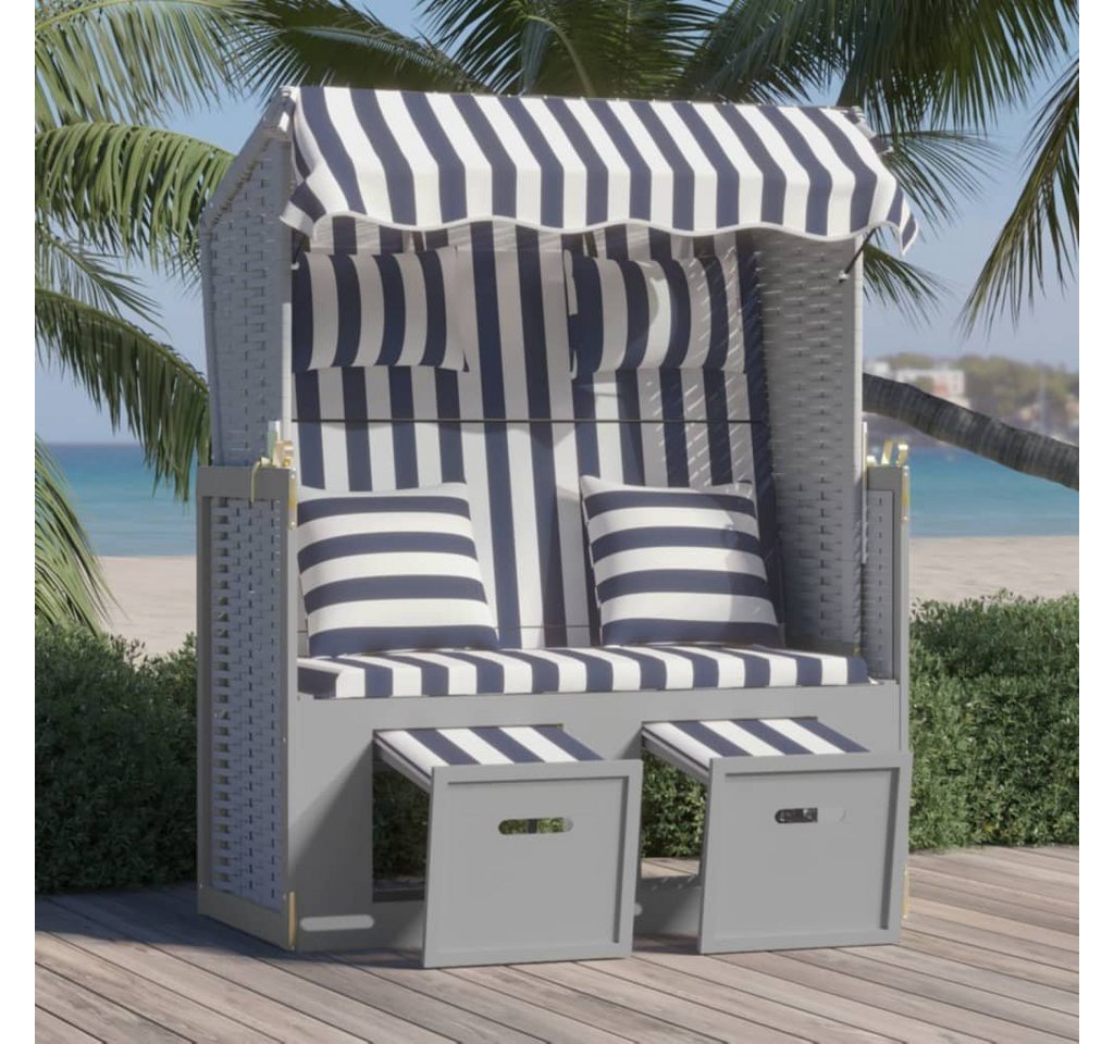 furnicato Gartenliege Strandkorb mit Kissen Poly Rattan und Massivholz Blau & Weiß von furnicato