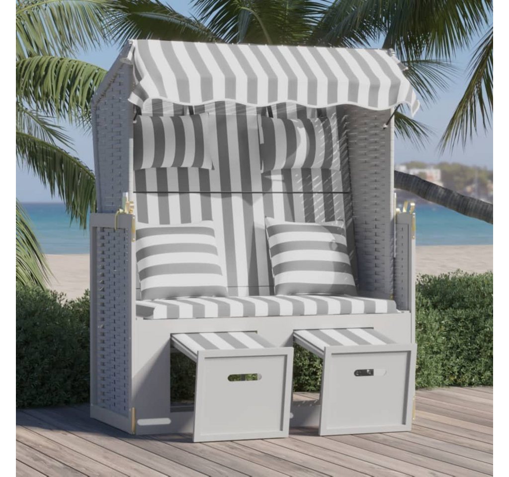 furnicato Gartenliege Strandkorb mit Kissen Poly Rattan und Massivholz Grau & Weiß von furnicato