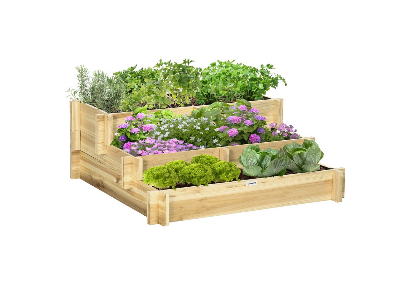 furnicato Hochbeet 93x93x35 cm, 3-stufig, Naturholz, Drainage von furnicato