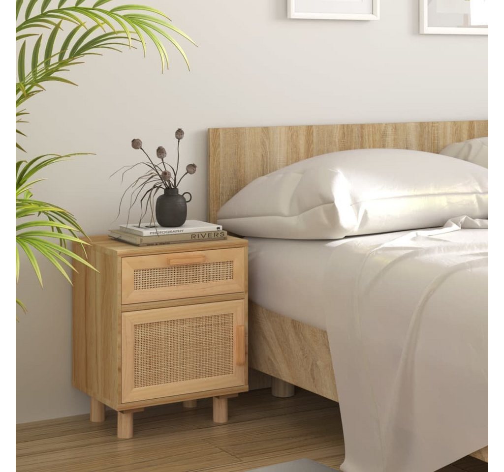 furnicato Nachttisch Braun Massivholz Kiefer und Natur-Rattan (1-St) von furnicato