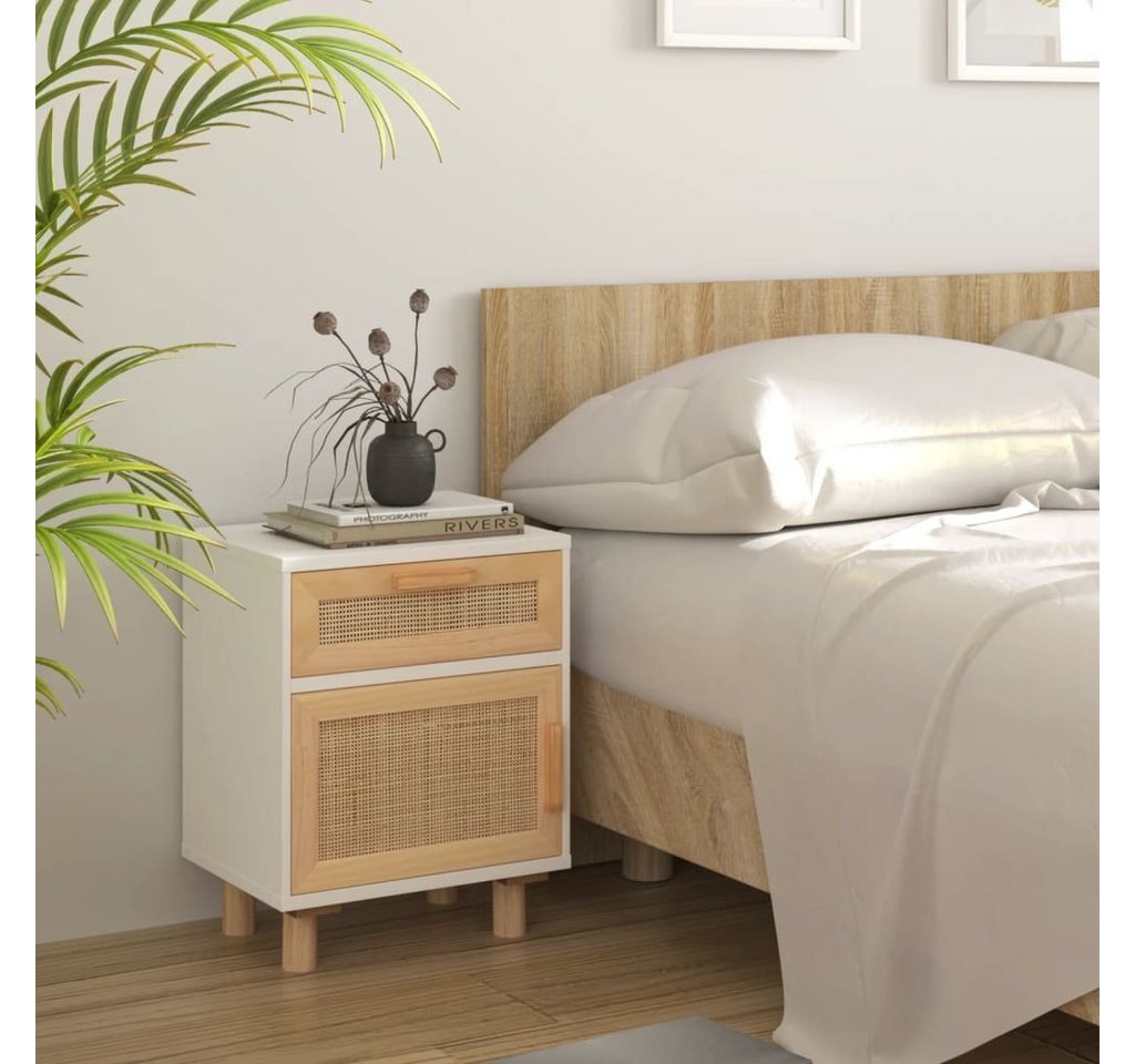 furnicato Nachttisch Weiß Massivholz Kiefer und Natur-Rattan (1-St) von furnicato