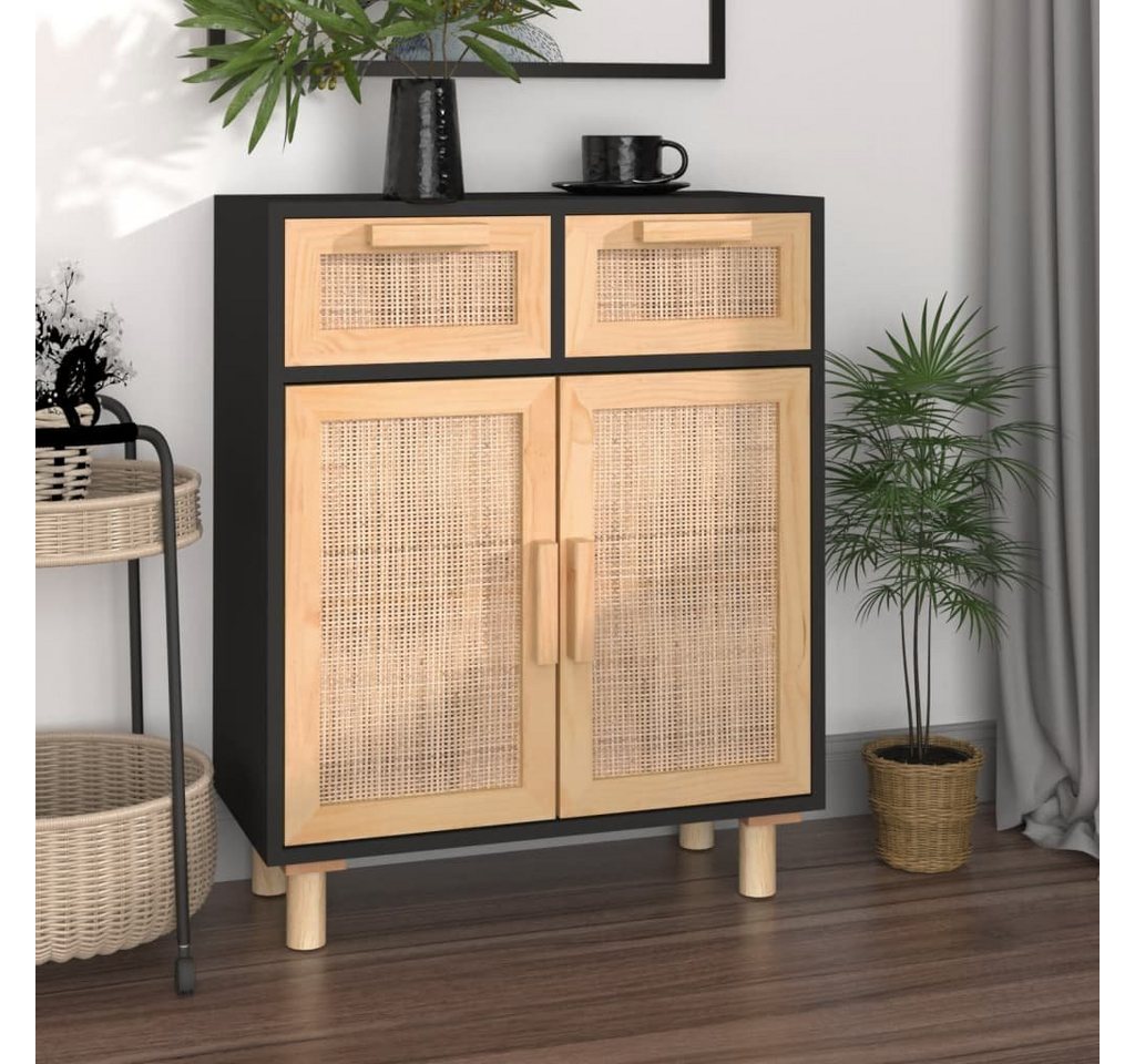 furnicato Sideboard Schwarz 60x30x75cm Massivholz Kiefer und Natur-Rattan von furnicato