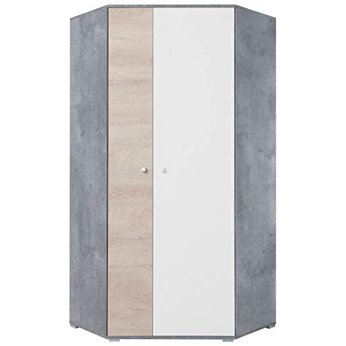 Furniture24 Eckkleiderschrank Sigma SI - 2 Eckschrank mit Einlegeböden und 2 Kleiderstangenm Schrank, Drehtürenschrank, 2 Türiger Jugendzimmerschrank (Beton/Weiß Lux/Eiche) von Furniture24