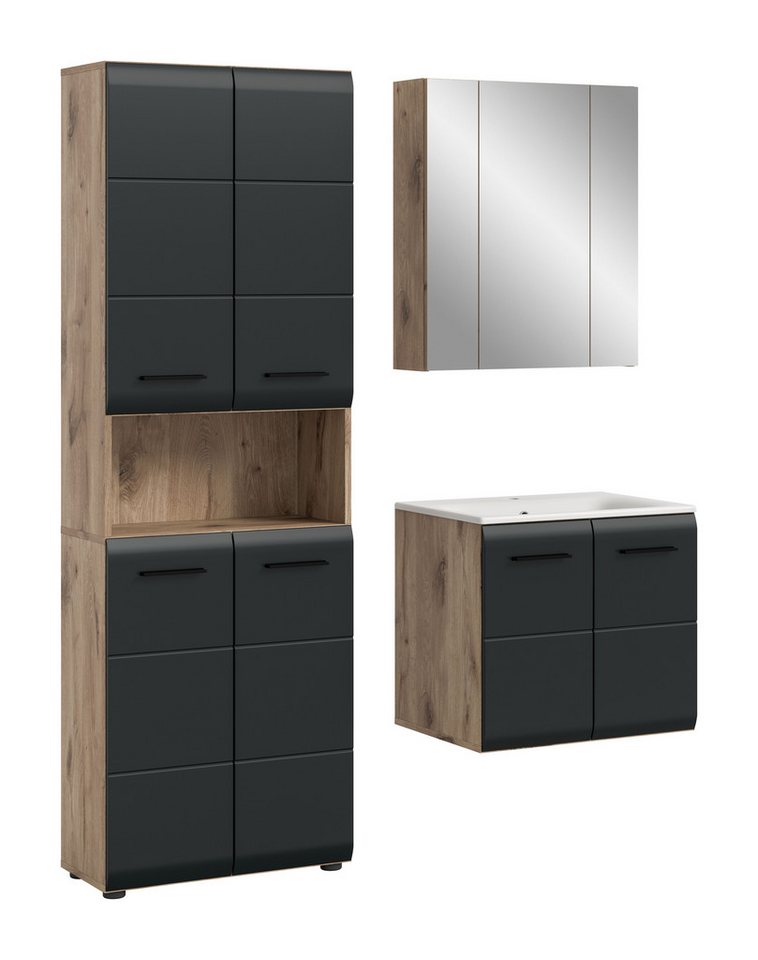 furnling Badmöbel-Set Ivy, (3-St., Hochschrank, Spiegelschrank, Waschbeckenunterschrank mit Waschbecken), Badmöbel, Komplett-Set, Breite 135 cm, Nox Oak/schwarz matt von furnling