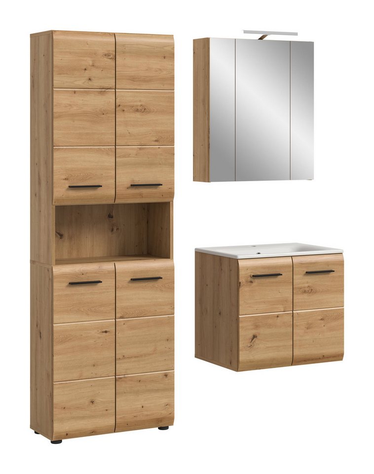 furnling Badmöbel-Set Ivy, (3-St., Hochschrank, Spiegelschrank, Waschtisch mit Waschbecken), Badschrank, Badezimmermöbel, mit LED-Beleuchtung, Breite 135 cm von furnling