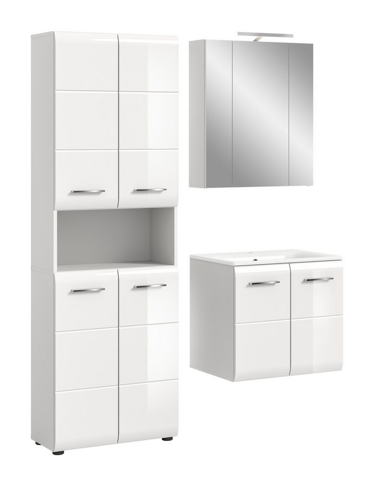 furnling Badmöbel-Set Ivy, (3-St., Hochschrank, Spiegelschrank, Waschtisch mit Waschbecken), Badschrank, Badezimmermöbel, mit LED-Beleuchtung, Breite 135 cm von furnling