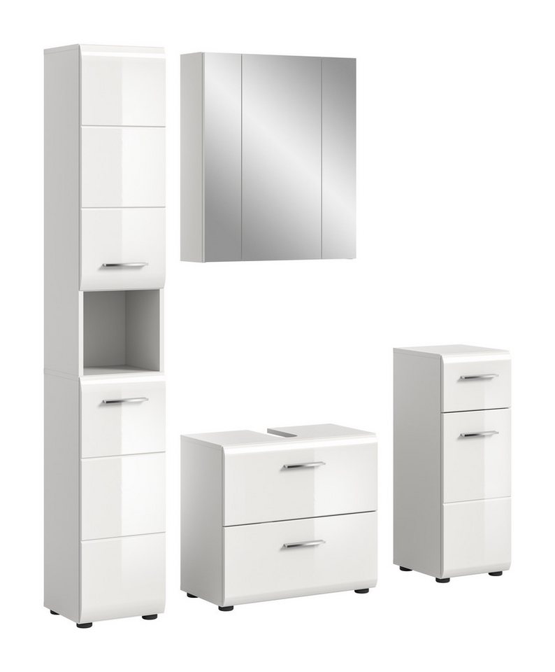 furnling Badmöbel-Set Ivy, (4-St., Hochschrank, Spiegelschrank, Standschrank, Waschbeckenunterschrank), Badezimmermöbel, Komplett-Set, Hochglanz Front, Höhe 185 cm, weiß von furnling