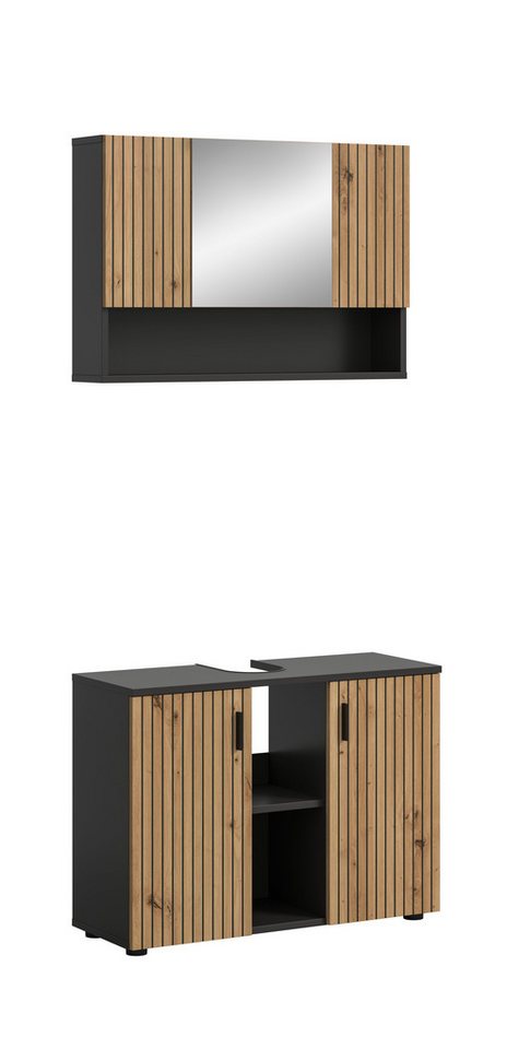 furnling Badmöbel-Set Molu, (2-St., Spiegelschrank, Waschbeckenunterschrank), Badschrank, Badmöbel, Paneeloptik, Breite 80 cm, Basalt/Artisan Oak von furnling