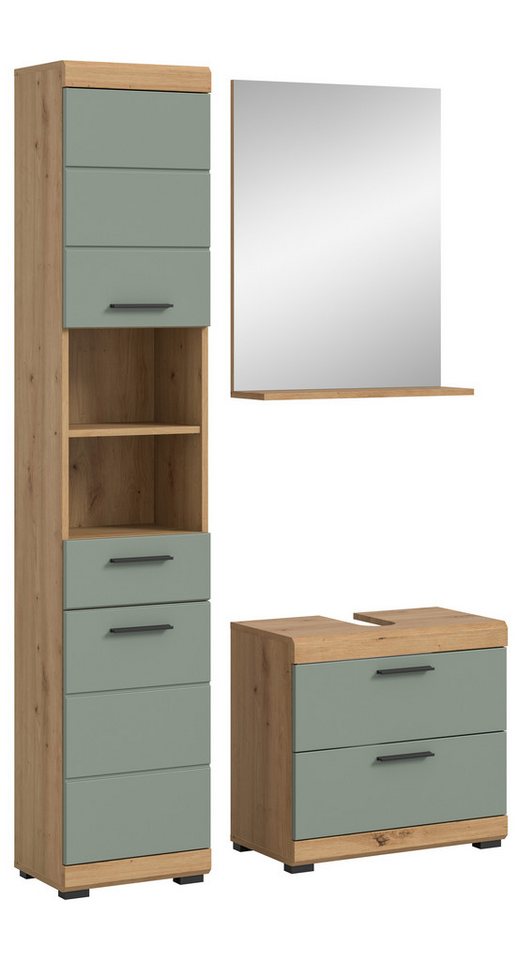 furnling Badmöbel-Set Scott, (3-St., bestehend aus Hochschrank, Waschbeckenunterschrank, Spiegel), Badmöbel, Badschränke, Komplett-Set, modern, Breite 112 cm von furnling
