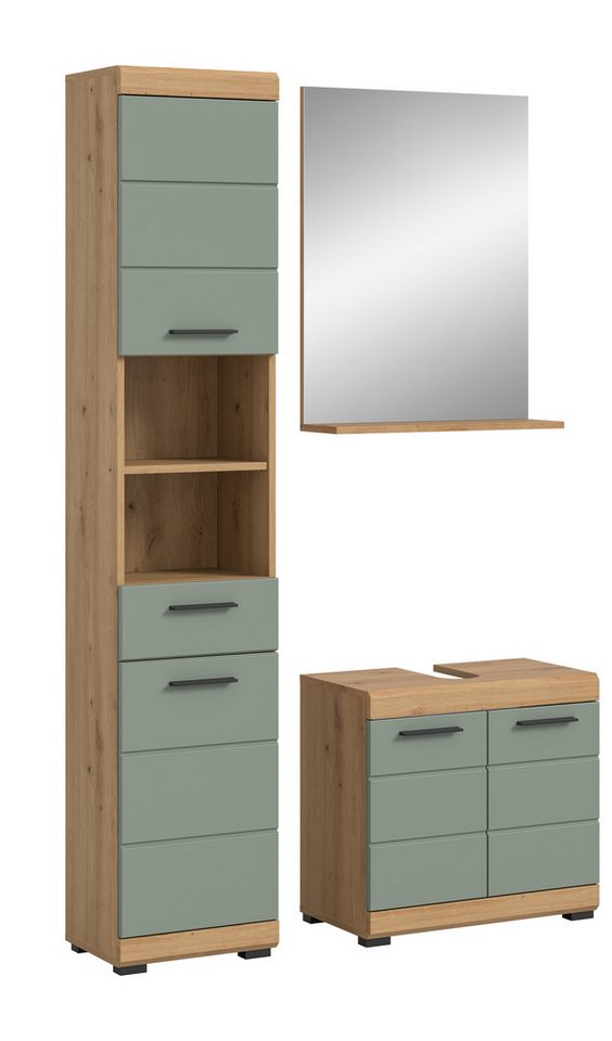 furnling Badmöbel-Set Scott, (3-St., bestehend aus Hochschrank, Waschbeckenunterschrank, Spiegel), Badschränke, Badmöbel, Badkombination, Breite 112 cm von furnling