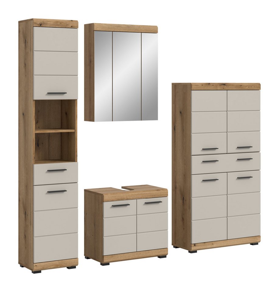 furnling Badmöbel-Set Scott, (4-St., bestehend aus Hochschrank, Spiegelschrank, Midischrank, WBU), Badmöbel, Badschränke, Komplett-Set, Breite 186 cm von furnling