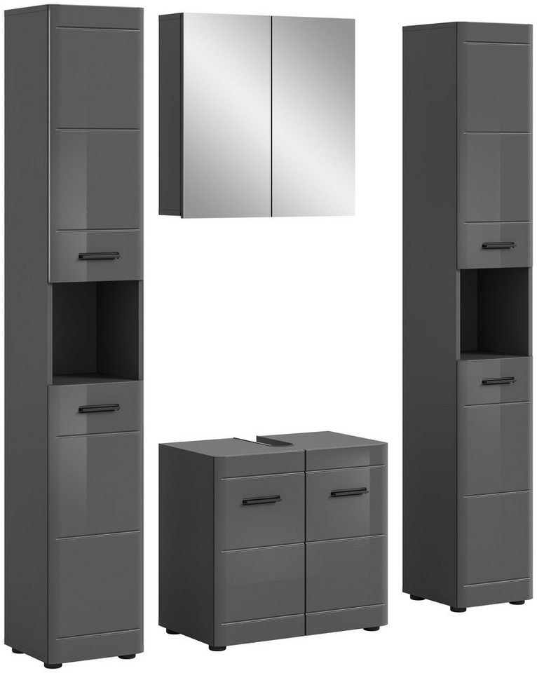 furnling Badmöbel-Set Sofi, (4-St., aus 2 Hochschränken, Spiegelschrank, Waschbeckenunterschrank), Badschränke, Badmöbel, Hochglanz Front, Breite 150 cm, grau von furnling