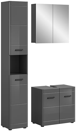 furnling Badmöbel-Set Sofi, Badezimmer-Set 3-teilig, Hochschrank, Spiegelschrank, Waschbeckenunterschrank, Badschränke, Hochglanz Front, Breite 105 cm, grau furnling Badmöbel-Set Sofi, Badezimmer-Set 3-teilig, Hochschrank, Spiegelschrank, Waschbeckenunterschrank, Badschränke, Hochglanz Front, Breite 105 cm, grau von furnling