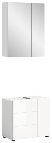 furnling Badmöbel-Set Vera, Badezimmer-Set 2-teilig, Waschbeckenunterschrank, Spiegelschrank, mit Beleuchtung, 2 Türen, Badschränke, Hochglanz Front, weiß von furnling