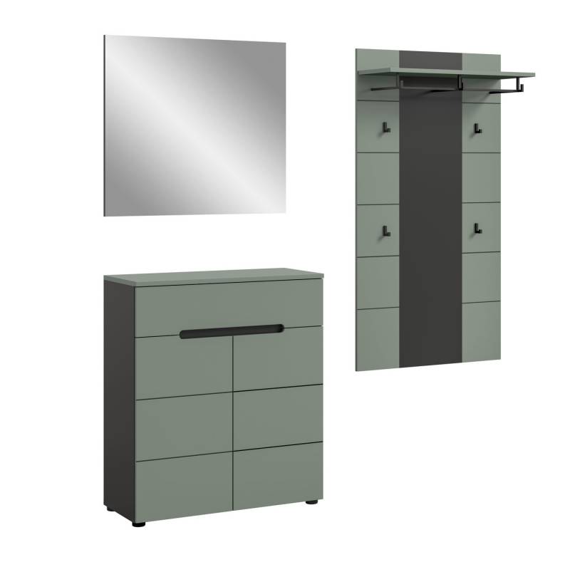 furnling Garderoben-Set Cano, (3-St., Garderobenpaneel, Schuhkommode, Spiegel), Flurmöbel, Kleiderstange, 4 Haken, Breite 175 cm, Basalt grau/grün von furnling