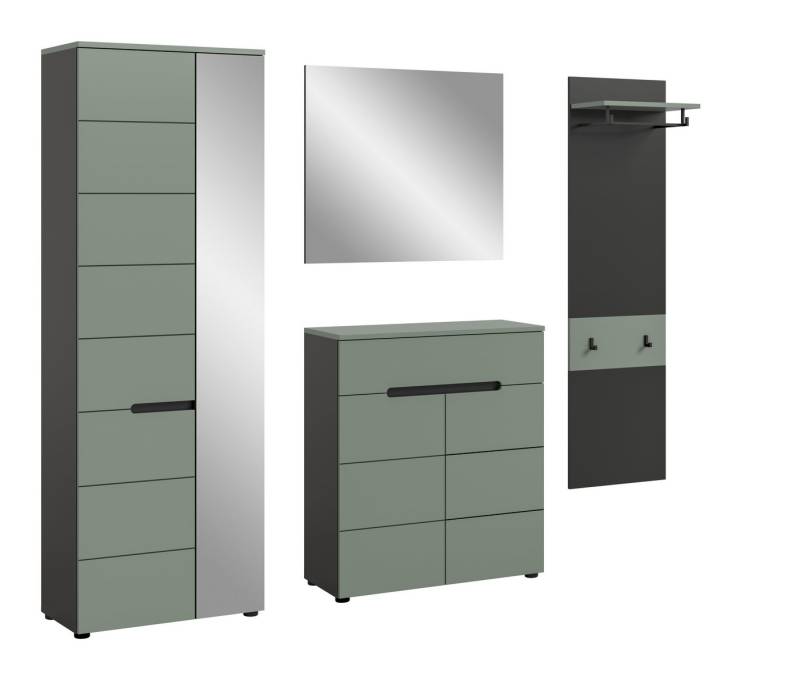 furnling Garderoben-Set Cano, (4-St., Garderobenpaneel, Garderobenschrank, Schuhkommode, Spiegel), Flurmöbel, Garderobenmöbel, Breite 220 cm, Basalt grau/Smoke Green von furnling