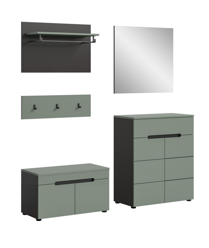 furnling Garderoben-Set Cano, (4-St., Garderobenpaneel, Schuhkommode, Sitzbank, Spiegel), Flurmöbel, Garderobenmöbel, Breite 175 cm, Basalt grau/Smoke Green von furnling