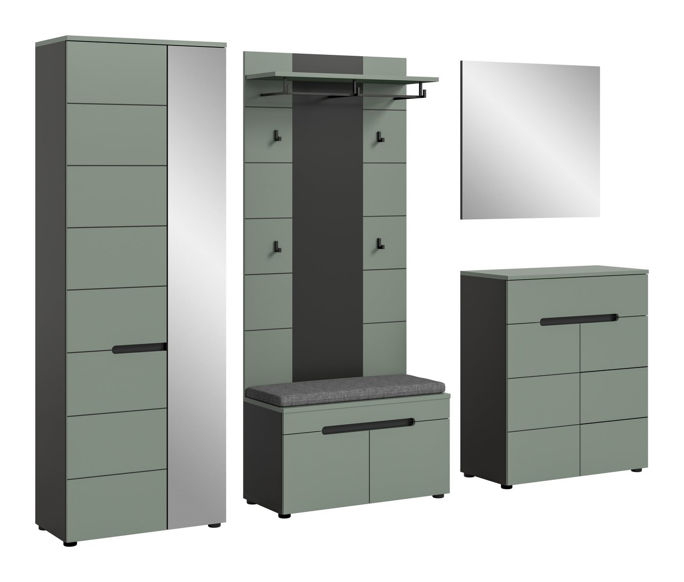 furnling Garderoben-Set Cano, (6-St., Paneel, Schrank, Schuhkommode, Sitzbank (inkl. Sitzkissen), Spiegel), Flurmöbel, Garderobenmöbel, Höhe 190 cm, Basalt grau/Smoke Green von furnling