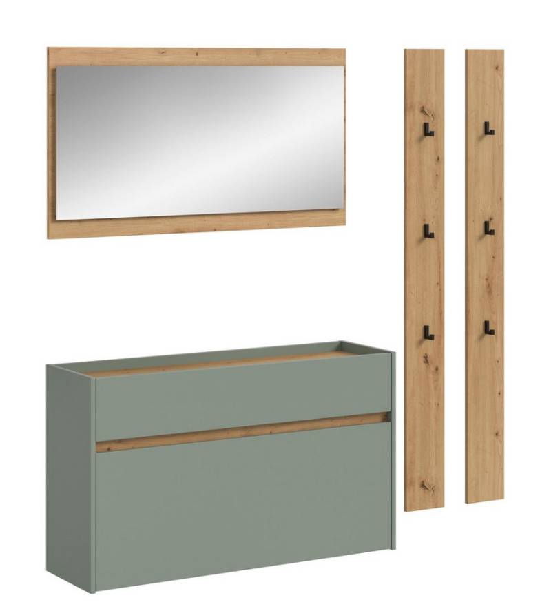 furnling Garderoben-Set Dravo, (3-St., 2x Garderobenpaneel, Schuhkommode, Spiegel), 6 Haken, großzügige Spiegelfläche, Salbei/Artisan Oak, Breite 172 cm von furnling