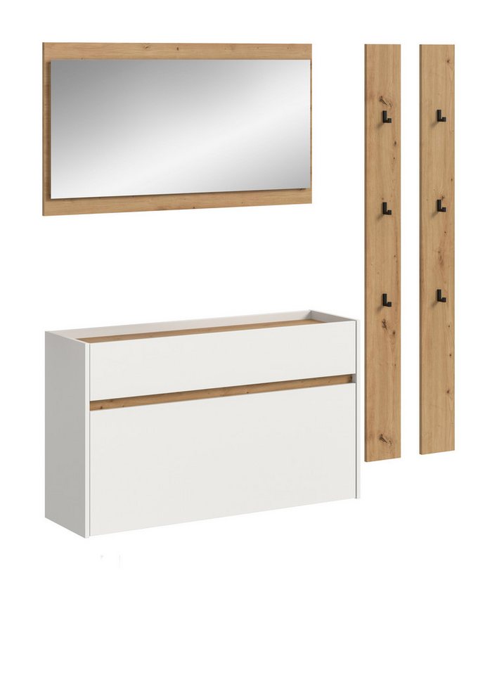 furnling Garderoben-Set Dravo, (3-St., 2x Garderobenpaneel, Schuhkommode, Spiegel), 6 Haken, großzügige Spiegelfläche, weiß/Artisan Oak, Breite 172 cm von furnling