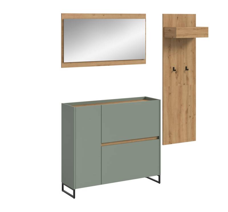 furnling Garderoben-Set Dravo, (3-St., Garderobenpaneel, Schuhkommode, Spiegel), 2 Haken, große Spiegelfläche, Salbei/Artisan Oak, Breite 175 cm von furnling