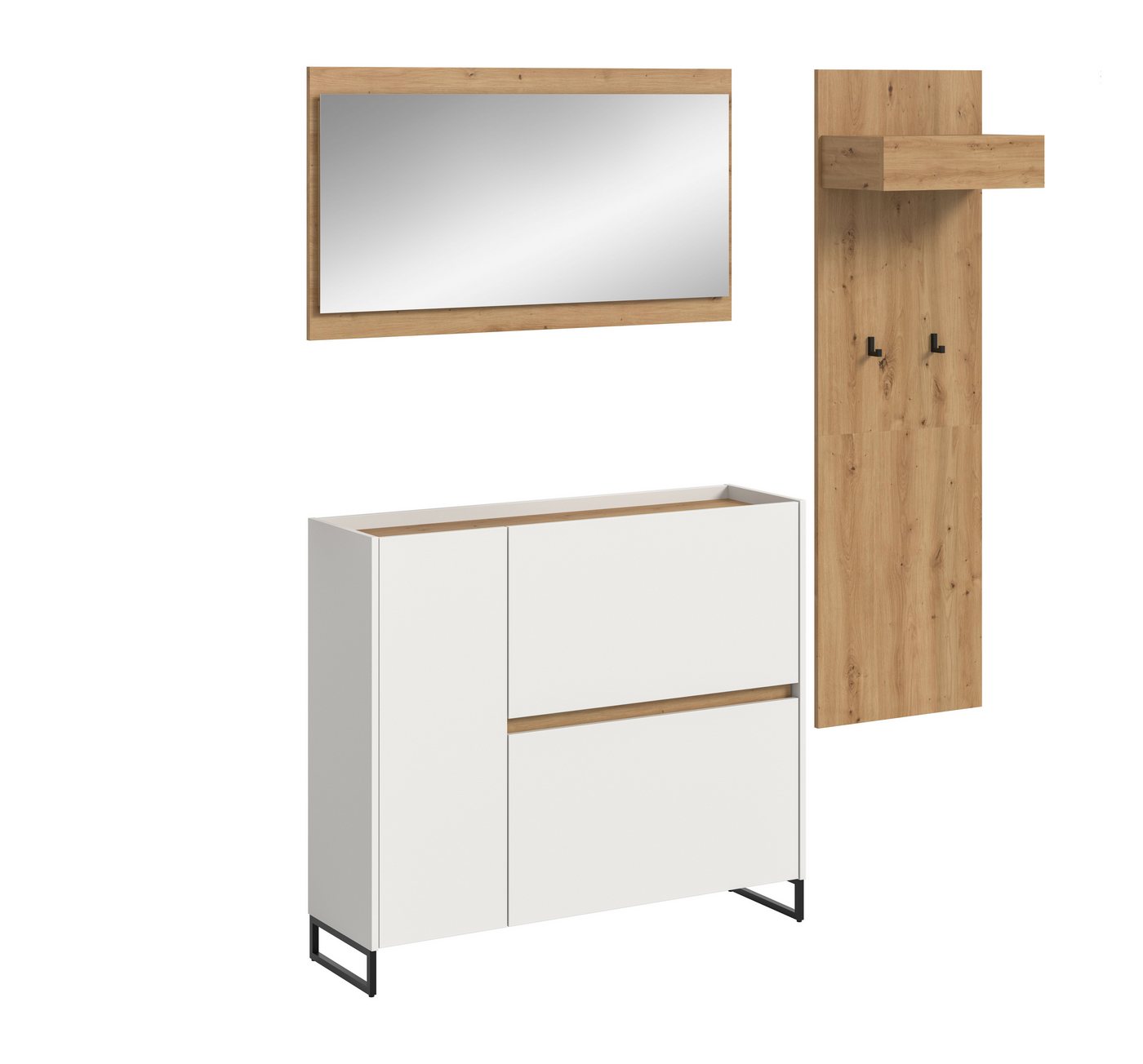 furnling Garderoben-Set Dravo, (3-St., Garderobenpaneel, Schuhkommode, Spiegel), 2 Haken, große Spiegelfläche, weiß/Artisan Oak, Breite 175 cm von furnling