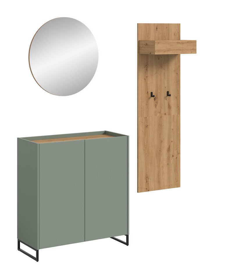 furnling Garderoben-Set Dravo, (3-St., Garderobenpaneel, Schuhkommode, Spiegel), 2 Haken, großzügige Spiegelfläche, Salbei/Artisan Oak, Breite 175 cm von furnling