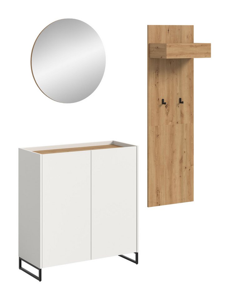 furnling Garderoben-Set Dravo, (3-St., Garderobenpaneel, Schuhkommode, Spiegel), 2 Haken, großzügige Spiegelfläche, weiß/Artisan Oak, Breite 175 cm von furnling