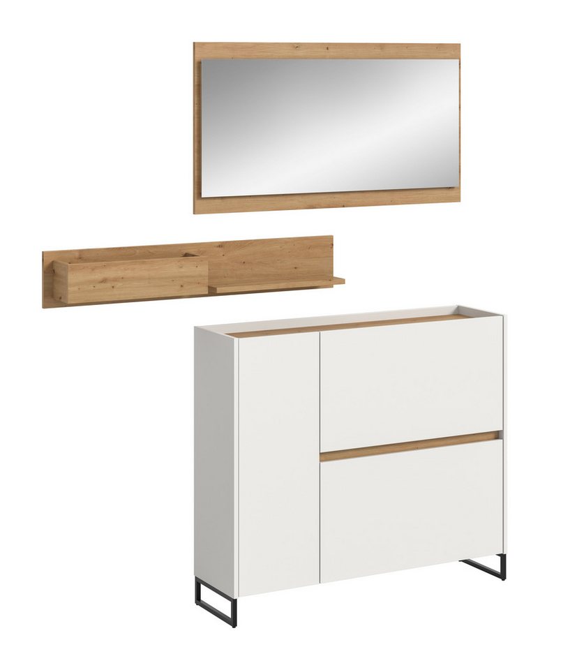 furnling Garderoben-Set Dravo, (3-St., Hängeregal, Schuhkommode, Spiegel), Ablagefläche, große Spiegelfläche, weiß/Artisan Oak, Breite 140 cm von furnling