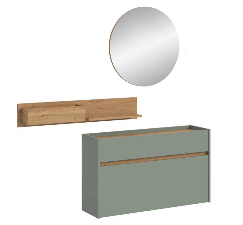 furnling Garderoben-Set Dravo, (3-St., Hängeregal, Schuhkommode, Spiegel), Schuhschrank, Ablagefläche, runder Spiegel, Salbei/Artisan Oak von furnling