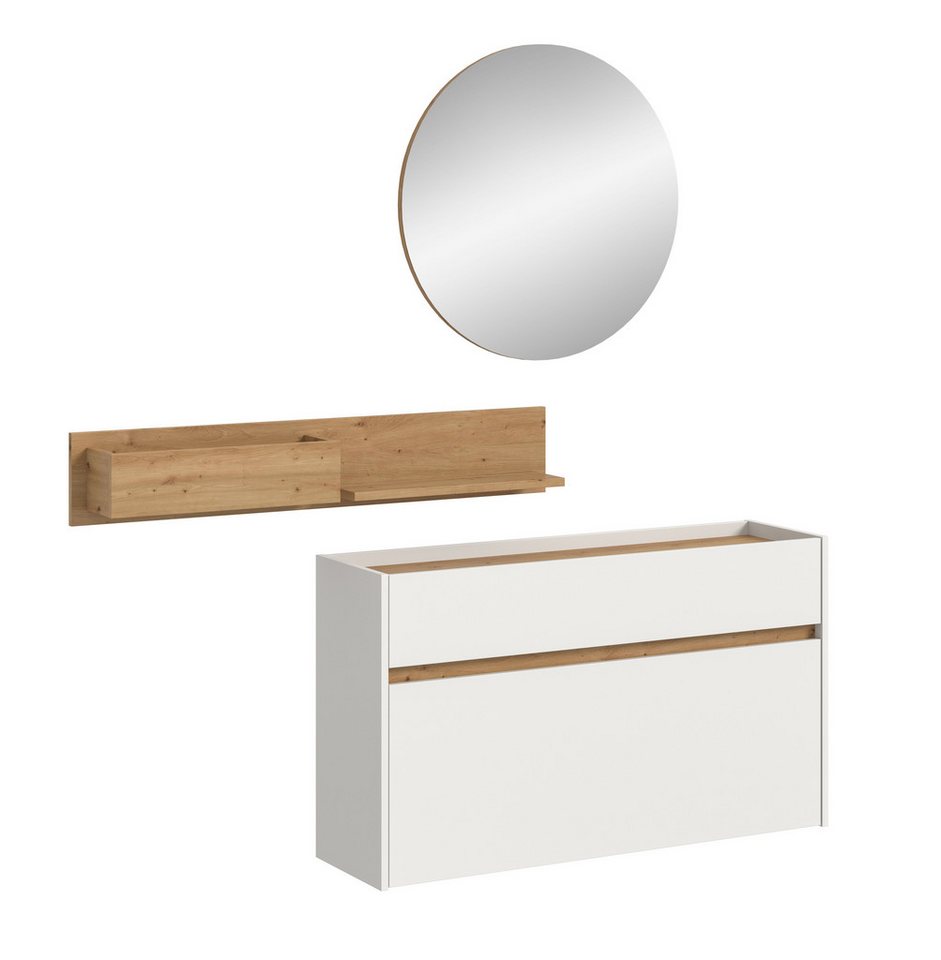 furnling Garderoben-Set Dravo, (3-St., Hängeregal, Schuhkommode, Spiegel), Schuhschrank, Ablagefläche, runder Spiegel, weiß/Artisan Oak von furnling