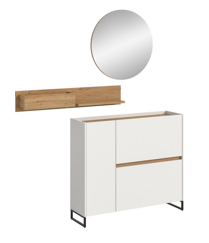 furnling Garderoben-Set Dravo, (3-St., Hängeregal, Schuhkommode, Spiegel), große Ablagefläche, Spiegelfläche, weiß/Artisan Oak, Höhe 197 cm von furnling