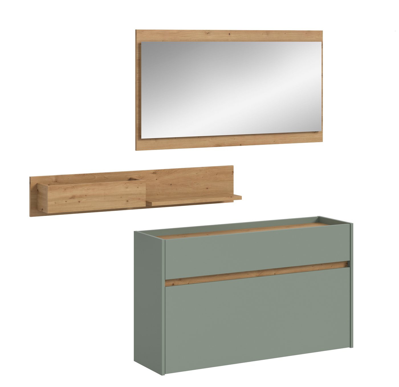 furnling Garderoben-Set Dravo, (3-St., Hängeregal, Schuhkommode, Spiegel), viel Stauraum für Schuhe, Ablage, Salbei/Artisan Oak, Breite 140 cm von furnling