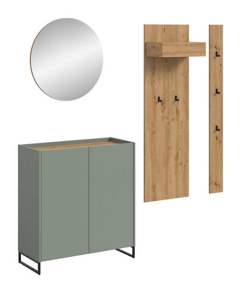 furnling Garderoben-Set Dravo, (4-St., 2x Garderobenpaneel, Schuhkommode, Spiegel), 5 Haken, große Spiegelfläche, Salbei/Artisan Oak, Breite 206 cm von furnling
