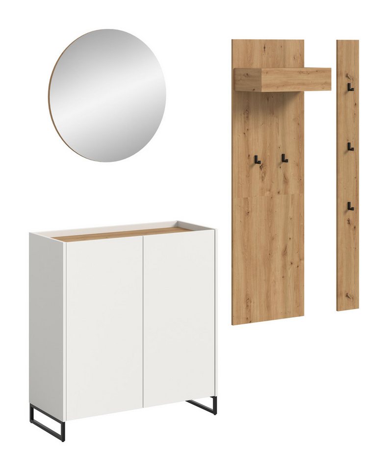 furnling Garderoben-Set Dravo, (4-St., 2x Garderobenpaneel, Schuhkommode, Spiegel), 5 Haken, große Spiegelfläche, weiß/Artisan Oak, Breite 206 cm von furnling