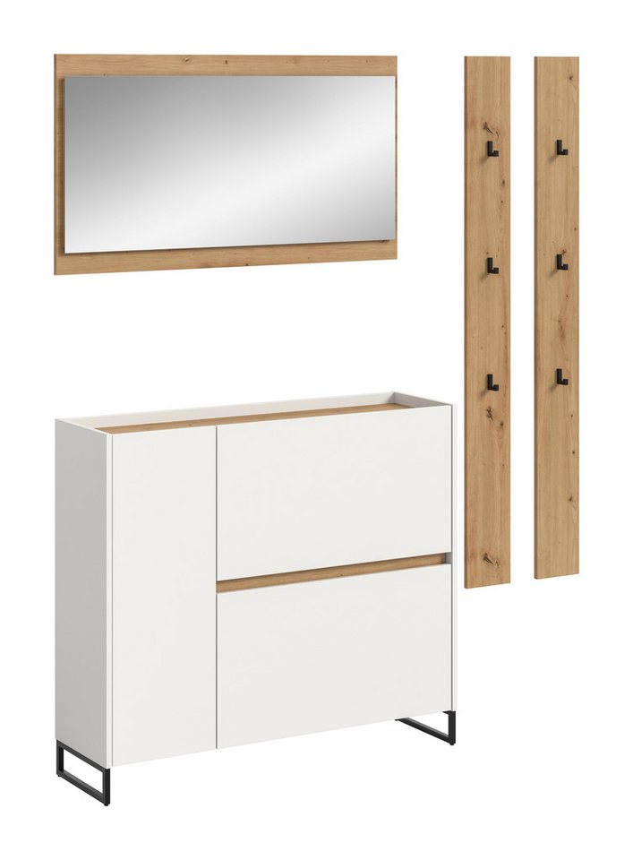 furnling Garderoben-Set Dravo, (4-St., 2x Garderobenpaneel, Schuhkommode, Spiegel), Flurschränke, Garderobenmöbel, weiß/Artisan Oak, Höhe 197 cm von furnling