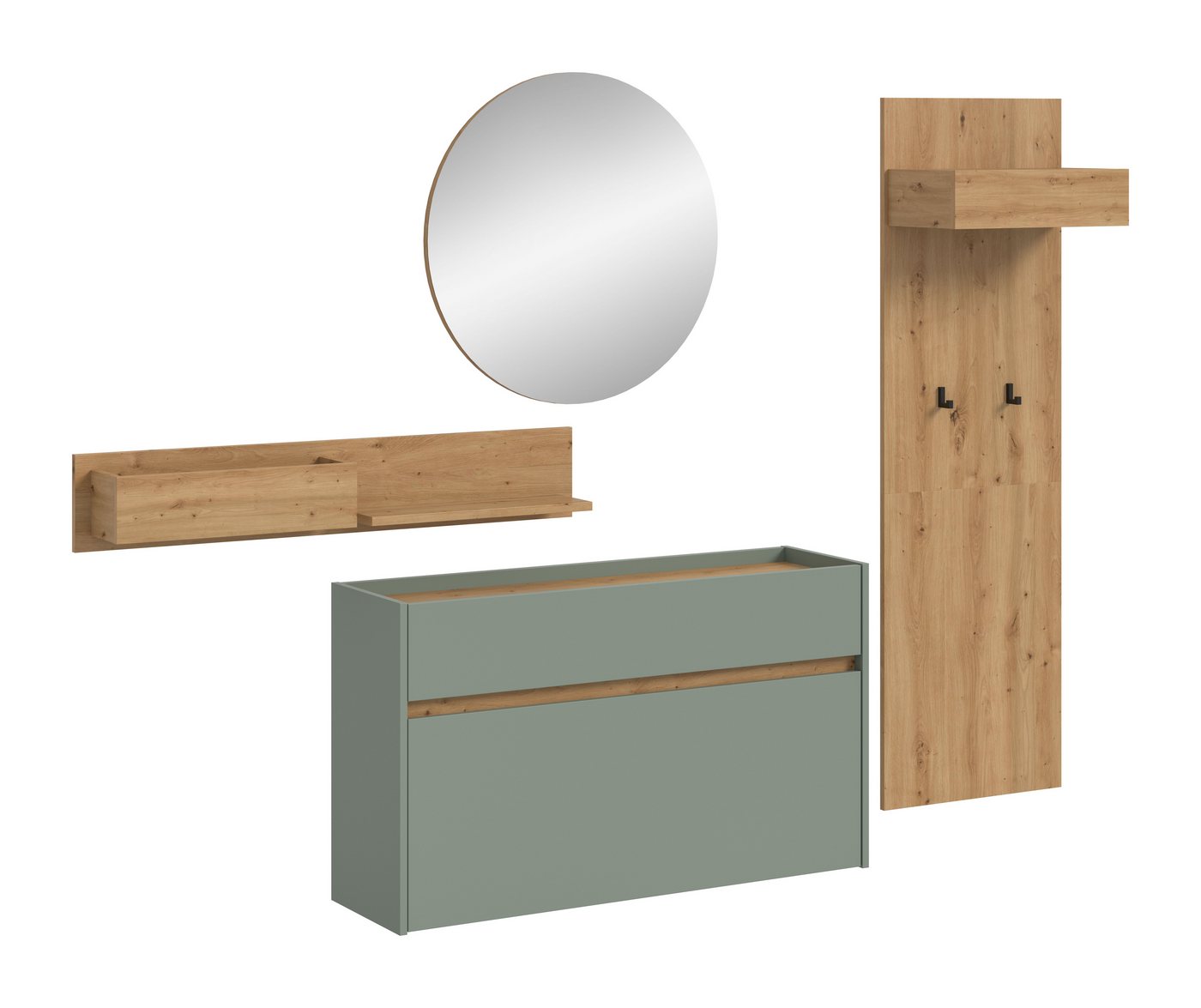 furnling Garderoben-Set Dravo, (4-St., Garderobenpaneel, Hängeregal, Schuhkommode, Spiegel), 2 Haken, großzügige Ablagefläche, Salbei/Artisan Oak, Breite 205 cm von furnling