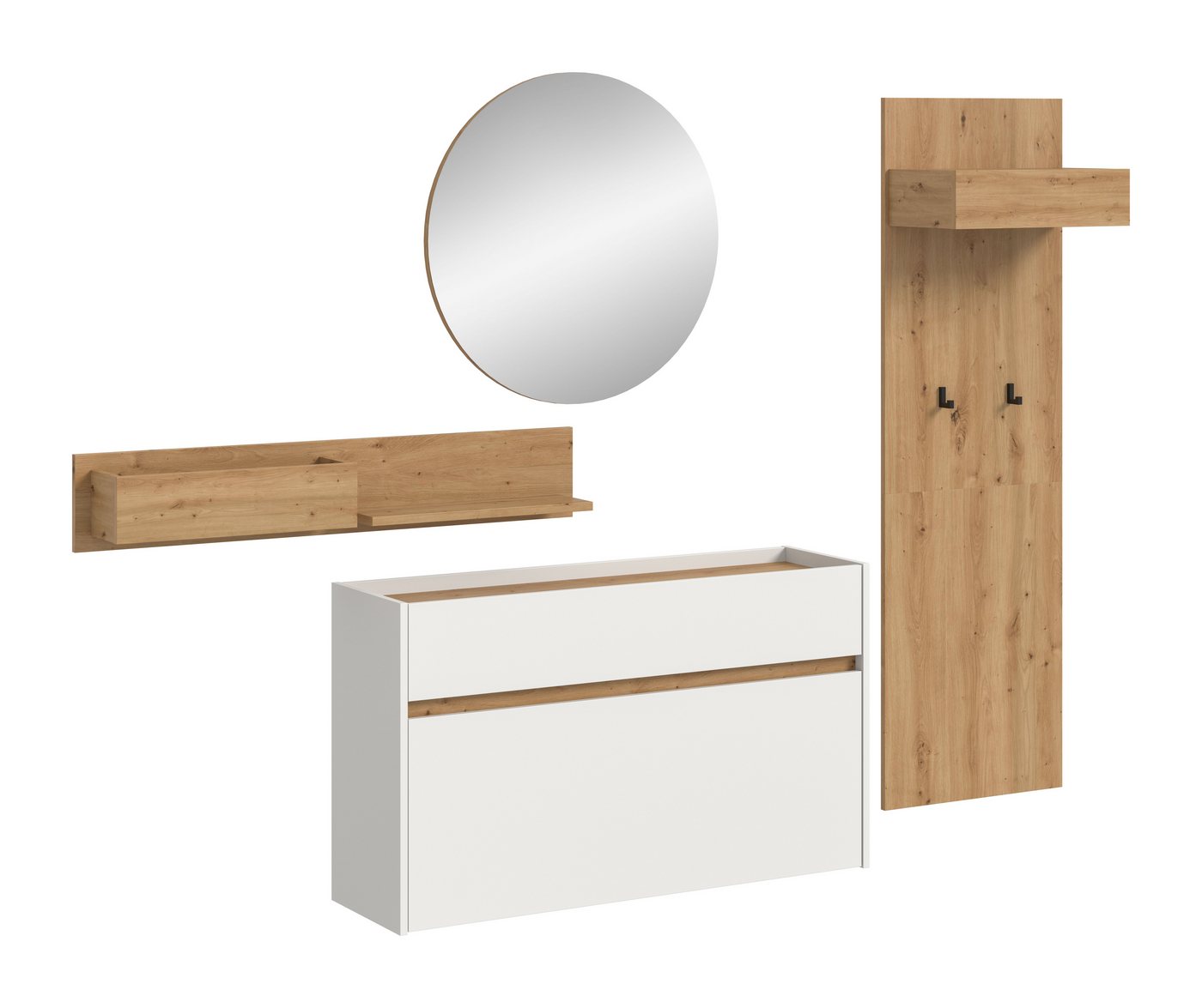 furnling Garderoben-Set Dravo, (4-St., Garderobenpaneel, Hängeregal, Schuhkommode, Spiegel), 2 Haken, großzügige Ablagefläche, weiß/Artisan Oak, Breite 205 cm von furnling
