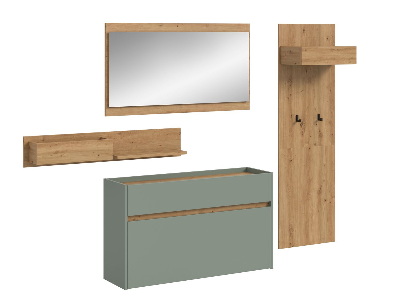 furnling Garderoben-Set Dravo, (4-St., Garderobenpaneel, Hängeregal, Schuhkommode, Spiegel), Flurschränke, Garderobenschränke, Salbei/Artisan Oak, Breite 205 cm von furnling