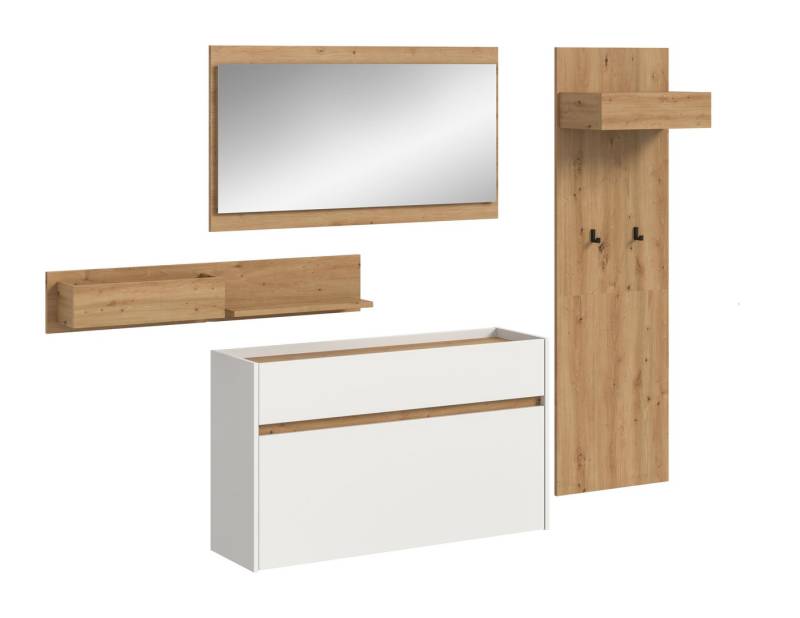 furnling Garderoben-Set Dravo, (4-St., Garderobenpaneel, Hängeregal, Schuhkommode, Spiegel), Flurschränke, Garderobenschränke, weiß/Artisan Oak, Breite 205 cm von furnling