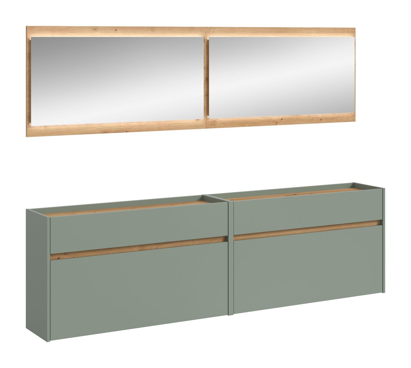furnling Garderoben-Set Dravo, (4-St., Garderobenpaneel, Hängeregal, Schuhkommode, Spiegel), großzügiger Stauraum, mit LED-Beleuchtung, Salbei/Artisan Oak von furnling