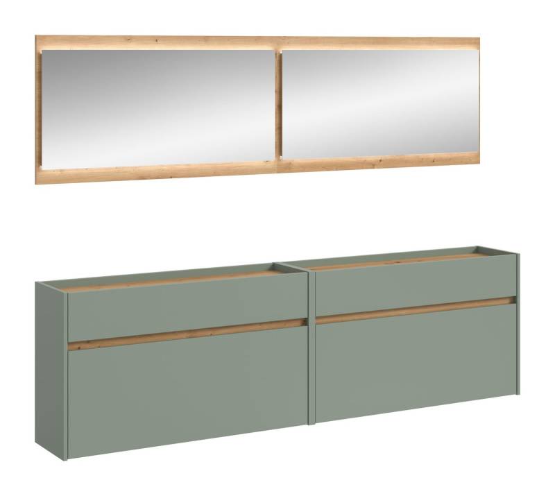 furnling Garderoben-Set Dravo, (4-St., Garderobenpaneel, Hängeregal, Schuhkommode, Spiegel), großzügiger Stauraum, mit LED-Beleuchtung, Salbei/Artisan Oak von furnling